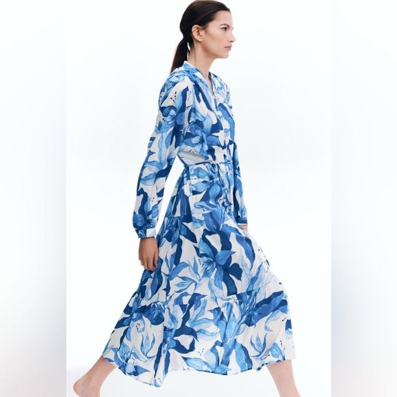 H&M Tiered Maxi Dress White Floral Rayon Cotton New - Picture 7 of 10
